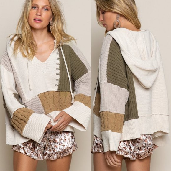 NEW POL Mixed Knit Patch Hoodie Oversized Cozy Soft Color Block Sweater Olive - Picture 8 of 9